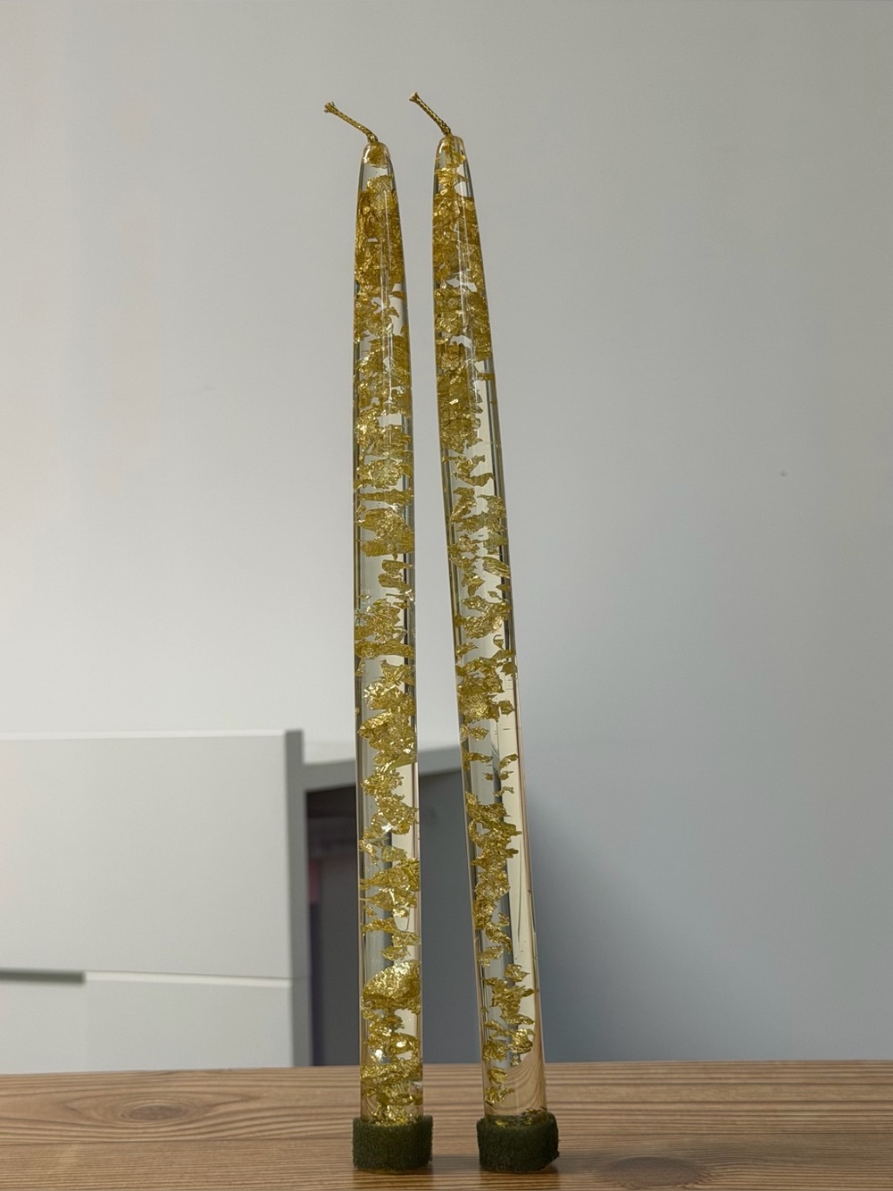Vintage Lucite Gold Fleck Flakes Pair Of Tapered Candles MCM